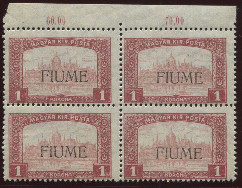 1918-19, Fiume, serie “Vedute”, 1k. carminio e rosa (17), quartina gomma integra bdf  - Asta Storia Postale e Filatelia - Cambi Casa d'Aste
