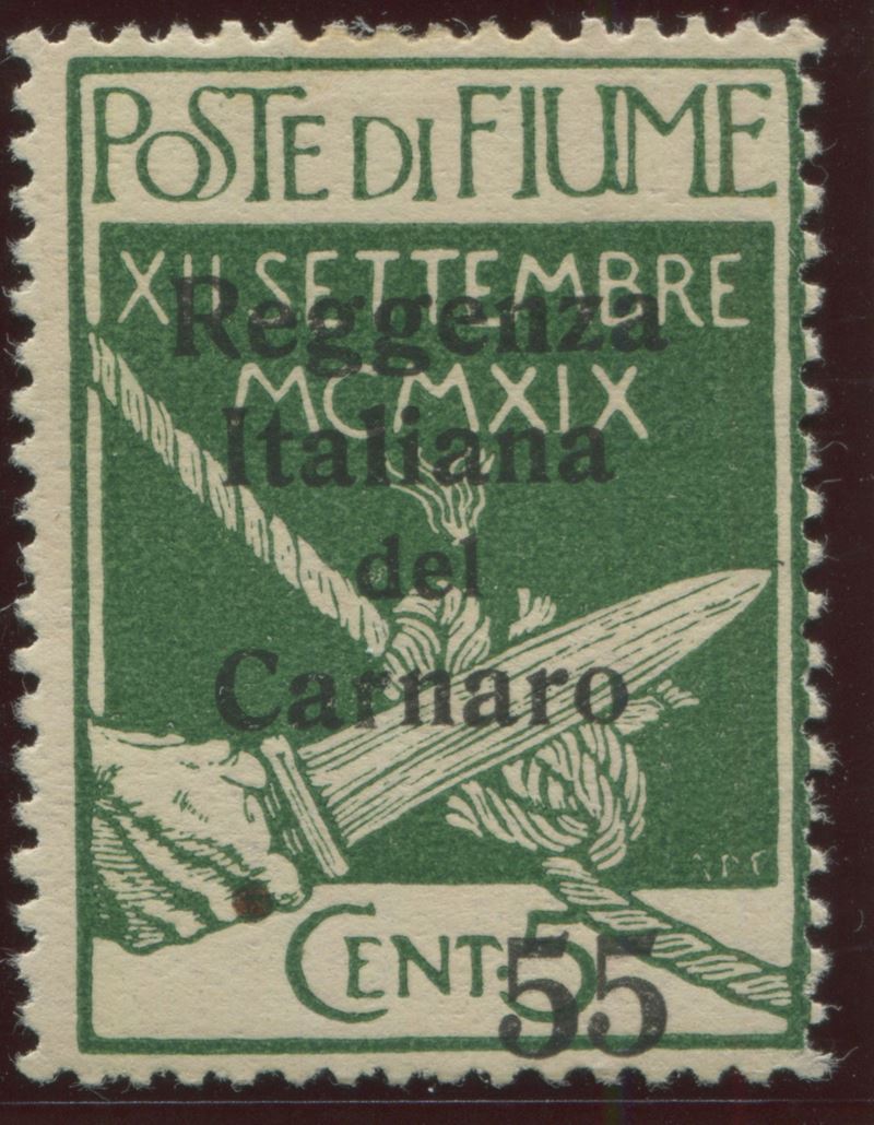 1920, Fiume, Francobollo “Ingresso dei Legionari a Fiume” soprastampato “Reggenza Italiana del Carnaro”, 55 su 5c. verde, Varietà punto prima di 55  - Asta Storia Postale e Filatelia - Cambi Casa d'Aste