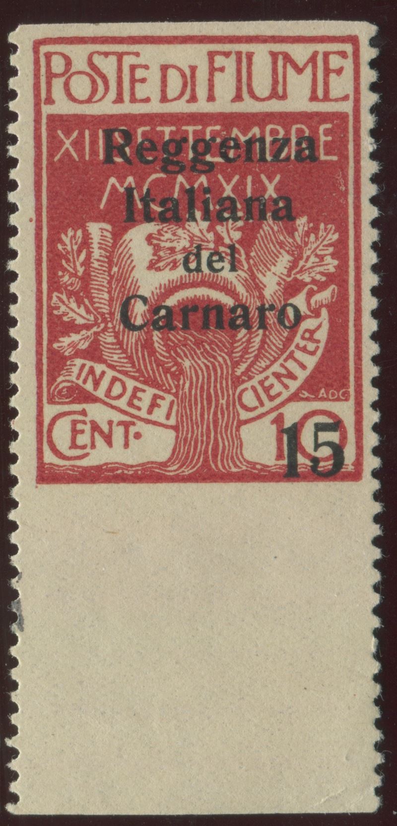 1920, Fiume, Francobollo “Ingresso dei Legionari a Fiume” soprastampato “Reggenza Italiana del Carnaro”, 15 su 10c. carminio, Varietà non dentellato orizzontalmente bdf  - Asta Storia Postale e Filatelia - Cambi Casa d'Aste