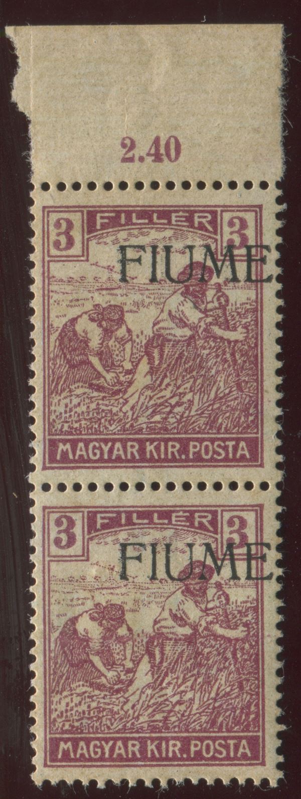 1918, Fiume, serie “Mietitori”, 3 filler lilla violetto coppia bdf, Varietà soprastampa fortemente spostata in alto a destra