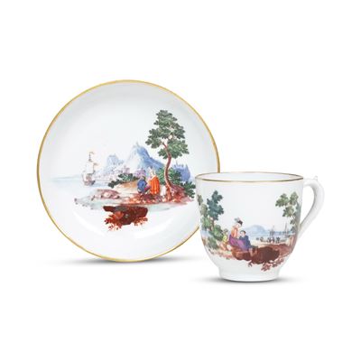 Manifattura Antonibon, Tazza con piattino dipinti, decorazione policroma (Nove) e marca asterisco...
