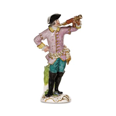 Meissen, Figurina di trombettiere della Galante Kapelle, porcellana