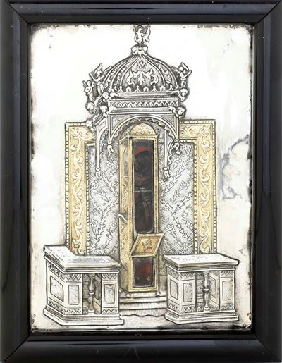 Scuola veneto-cretese del XVIII secolo, Icona raffigurante il sacello di San Spiridione con riza ...