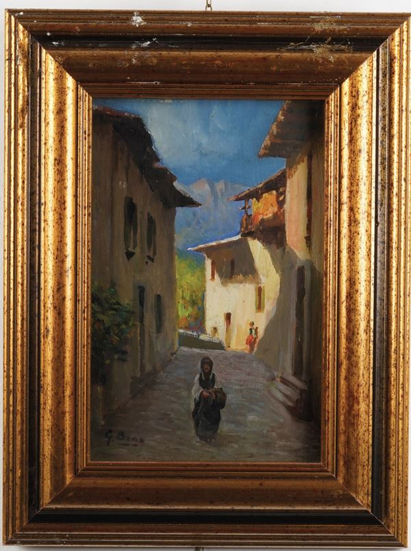 Pittore del XIX-XX secolo Scorcio di paese con figure