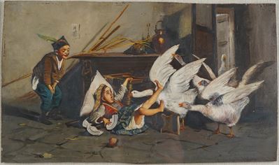 Pittore del XIX secolo, Scena d’interno con fanciulli e oche, olio su tavoletta