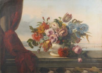 Scuola del XIX secolo, Composizione con vaso di fiori e tendaggi, olio su tela