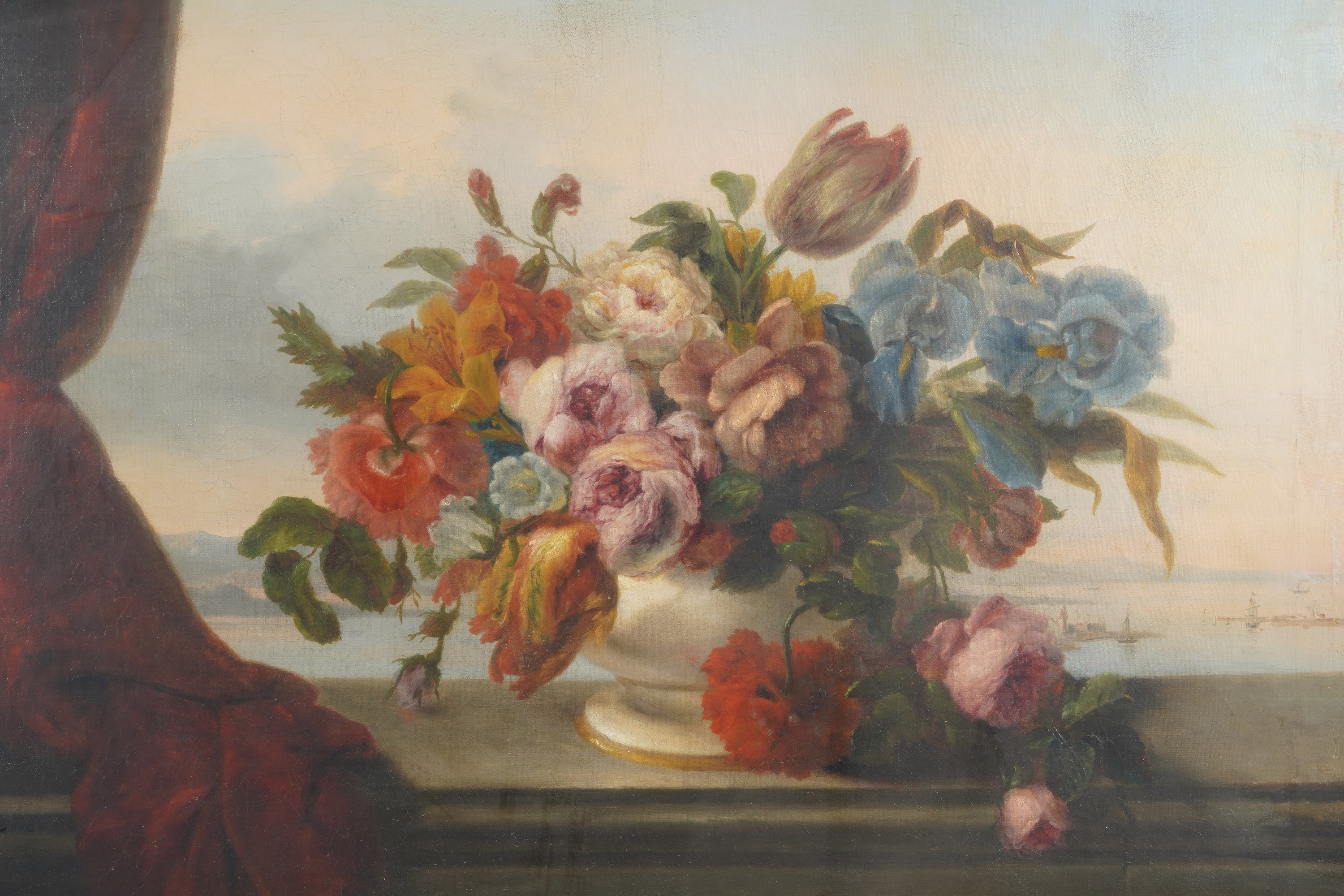 Scuola del XIX secolo, Composizione con vaso di fiori e tendaggi, olio su tela