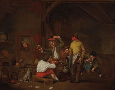 Scuola olandese del XVII secolo, Scena di genere in interno di taverna, olio su tavola