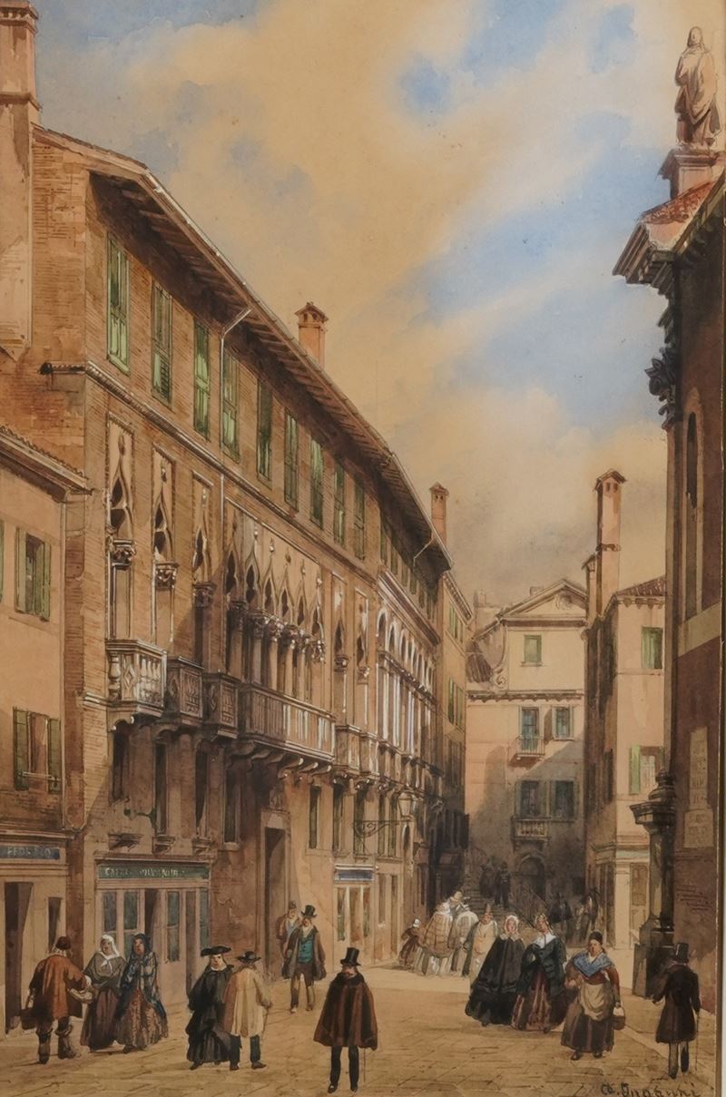 Angelo Inganni : Palazzo Correr a Venezia  - acquerello su carta - Asta Dipinti del XIX-XX Secolo - Cambi Casa d'Aste