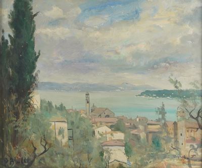 Pittore del XIX-XX secolo, Veduta cittadina dalle montagne, olio su tela