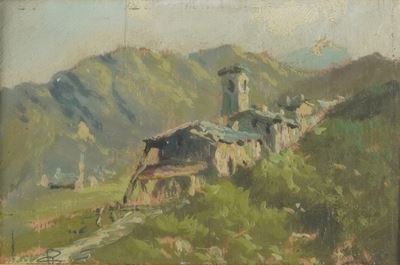Pittore del XIX-XX secolo, Piccola veduta campestre, olio su tavola