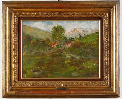 Paesaggio campestre, olio su cartone