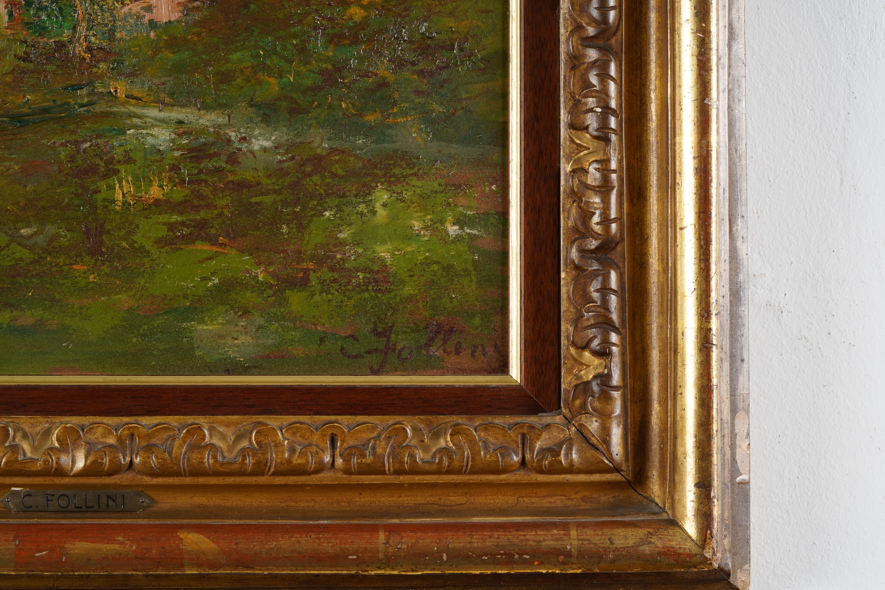 Carlo Follini - Paesaggio campestre, olio su cartone