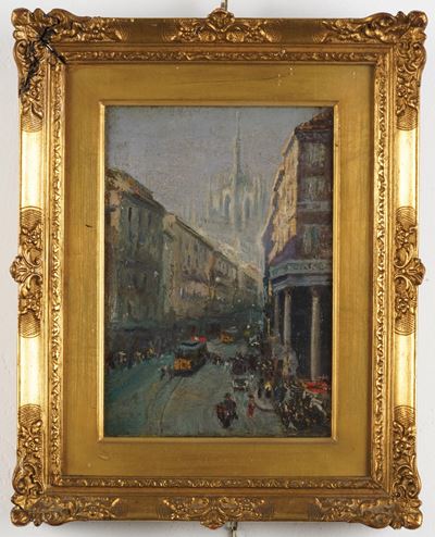 Pittore del XIX-XX secolo, Veduta cittadina, olio su tela