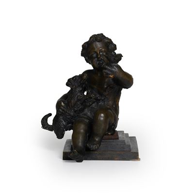 Fonditore del XIX secolo, Bimbo con cane e volatile, scultura in bronzo