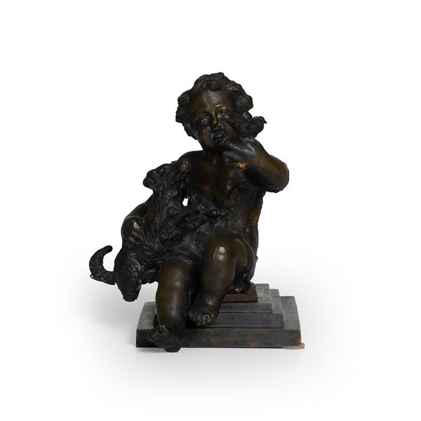 Bimbo con cane e volatile. Fonditore del XIX secolo