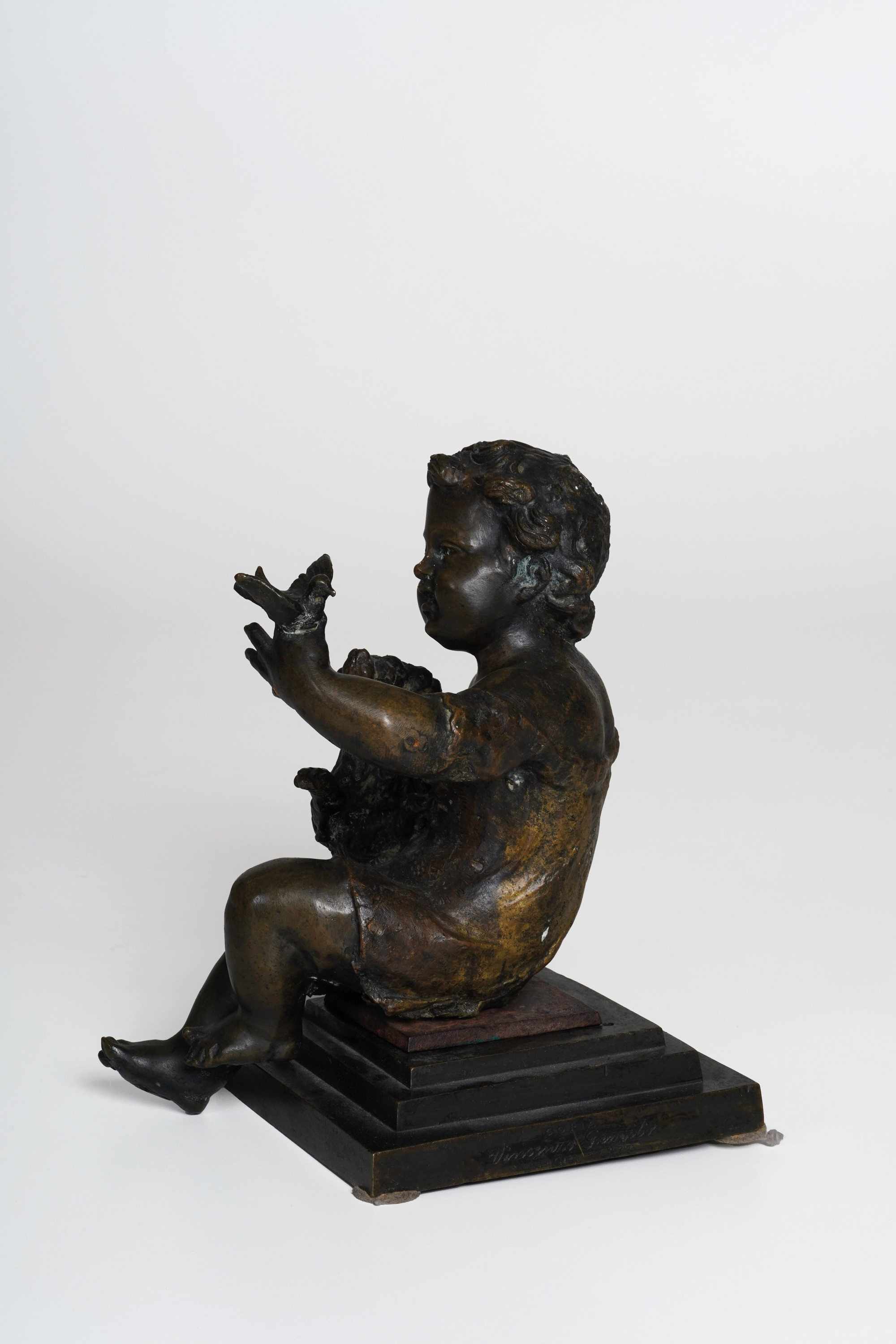 Fonditore del XIX secolo, Bimbo con cane e volatile, scultura in bronzo