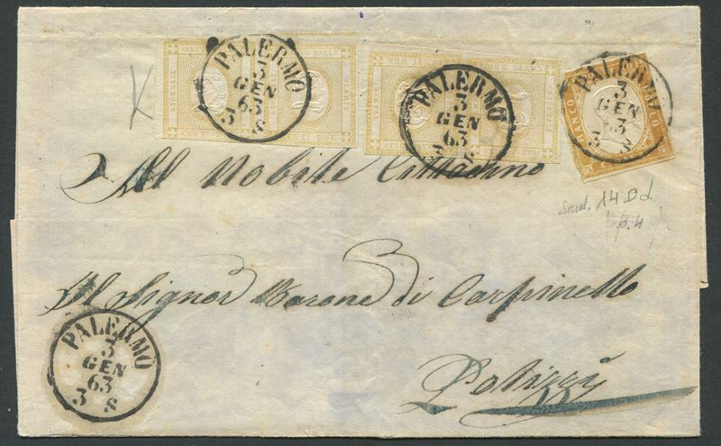 1863, Regno di Vittorio Emanuele II, lettera da Palermo a Polizzi affrancata con due coppie del 2c. giallo chiaro “Cifra in rilievo” + 10c. giallo ocra “IV emissione di Sardegna”. Combinazione di affrancatura inedita  - Auction Postal History and Philately - Cambi Casa d'Aste