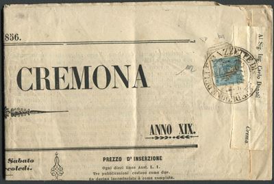 1851, Lombardo Veneto, Francobolli per Giornali, 3c. Azzurro “mercurio”, III Tipo, su Copia della...