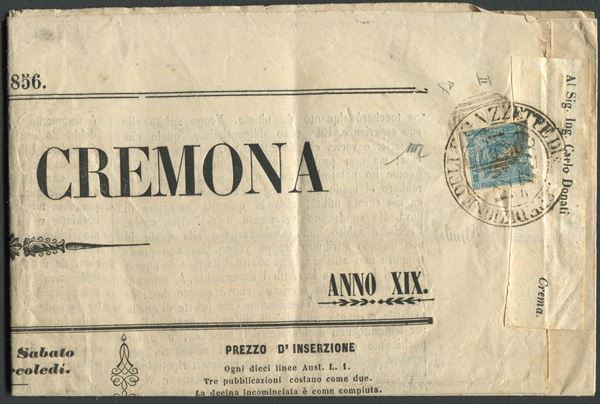 1851, Lombardo Veneto, Francobolli per giornali, 3c. azzurro “Mercurio”, III tipo, su copia della “Gazzetta di Cremona”
