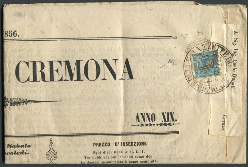 1851, Lombardo Veneto, Francobolli per giornali, 3c. azzurro “Mercurio”, III tipo, su copia della “Gazzetta di Cremona”  - Auction Postal History and Philately - Cambi Casa d'Aste