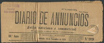 1894, Portogallo, 5 Reis Giallo Arancio “effige di Carlo I” Frazionato su Giornale di Ponta Delga...