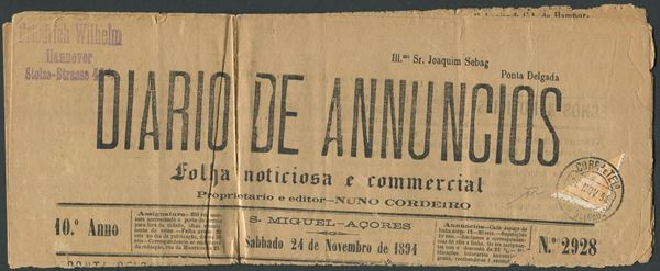 1894, Portogallo, 5 reis giallo arancio “Effige di Carlo I” frazionato su giornale di Ponta Delgada (Azzorre) “Diario de Annuncios”