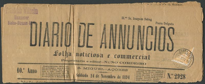 1894, Portogallo, 5 reis giallo arancio “Effige di Carlo I” frazionato su giornale di Ponta Delgada (Azzorre) “Diario de Annuncios”  - Auction Postal History and Philately - Cambi Casa d'Aste