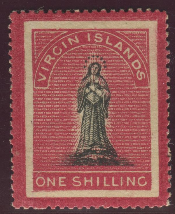 1867, British Virgin Island, 1 shilling nero e carminio rosaceo “Figura della Vergine”,carta bianca, Varietà seconda S di ISLANDS  “lunga” (S.G. 18a)