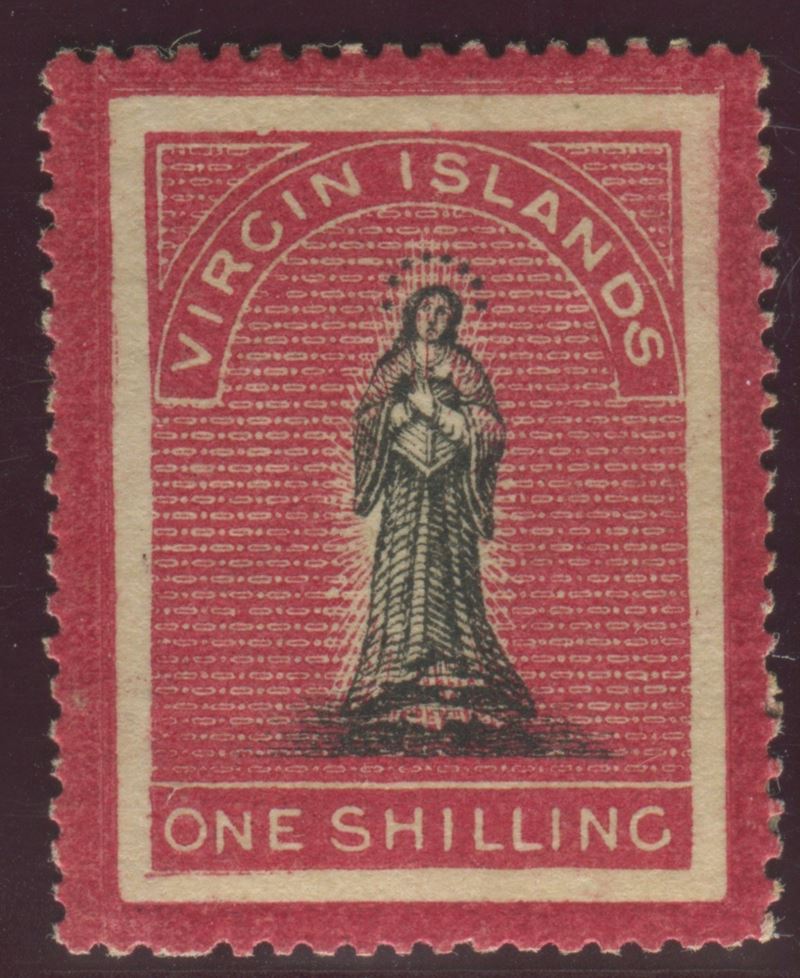 1867, British Virgin Island, 1 shilling nero e carminio rosaceo “Figura della Vergine”,carta bianca, Varietà seconda S di ISLANDS  “lunga” (S.G. 18a)  - Auction Postal History and Philately - Cambi Casa d'Aste