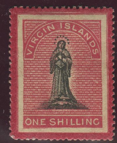 1867, British Virgin Island, 1 Shilling Nero e Carminio Rosaceo “figura della Vergine”, Toned Pap...