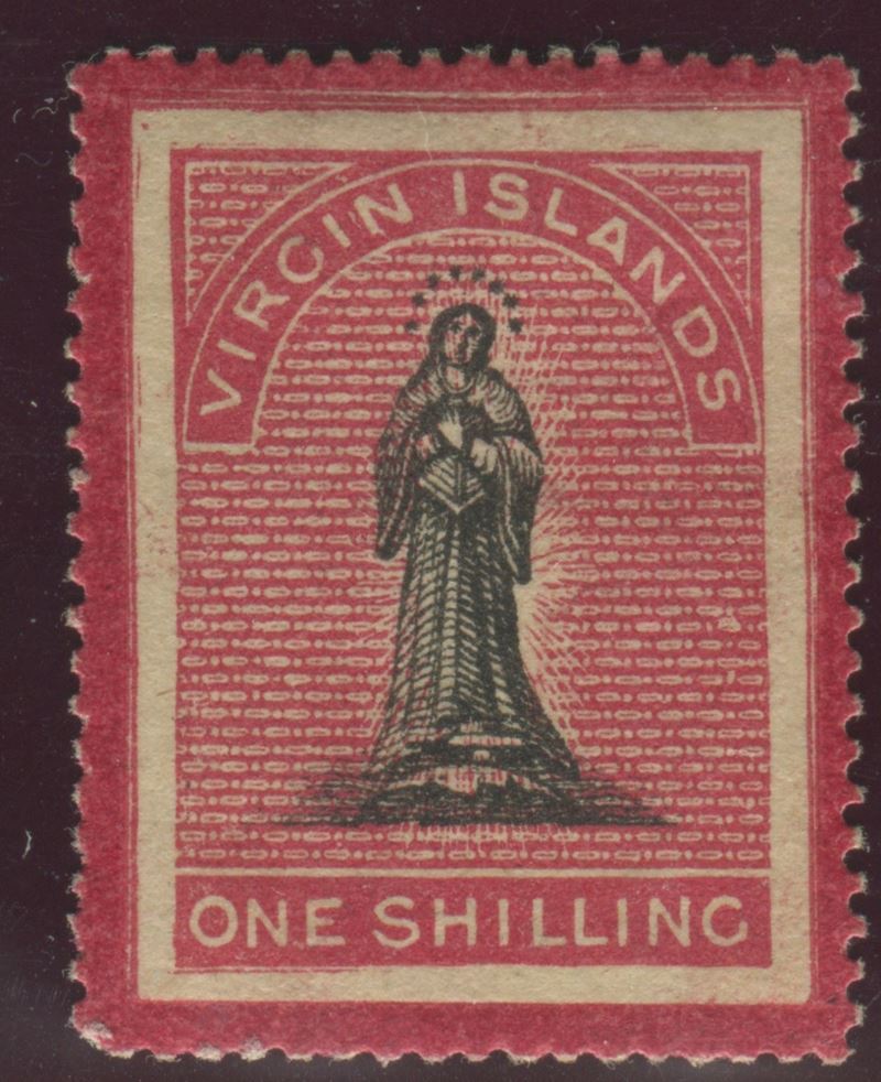 1867, British Virgin Island, 1 shilling nero e carminio rosaceo “Figura della Vergine”,  toned paper (S.G. 19)  - Asta Storia Postale e Filatelia - Cambi Casa d'Aste
