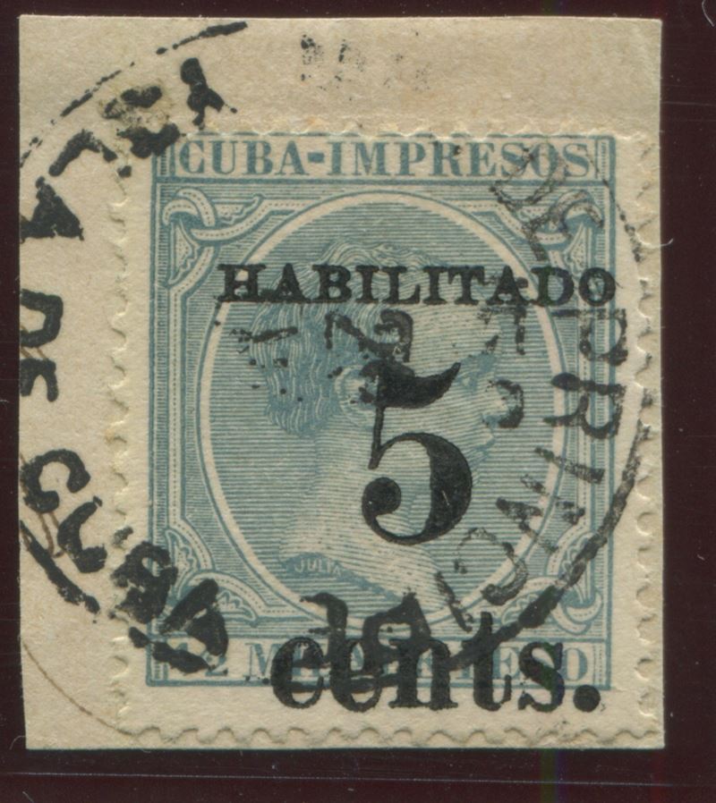 1898-99, Cuba, 5c. su 1/2m. grigio azzurro “Re Alfono XIII” soprastampato  - Auction Postal History and Philately - Cambi Casa d'Aste