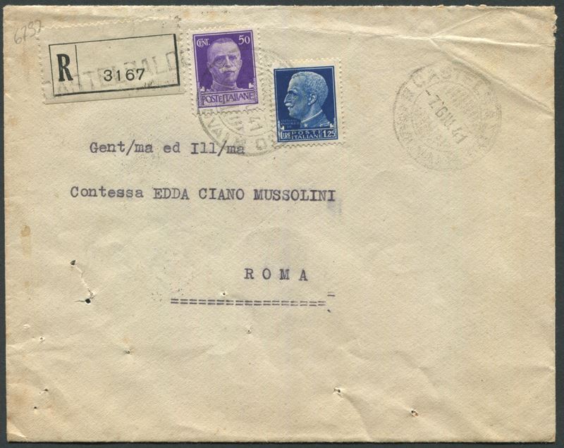 1941, Regno di Vittorio Emanuele III, Raccomandata ad Edda Ciano Mussolini da Castelbaldo a Roma  - Auction Postal History and Philately - Cambi Casa d'Aste