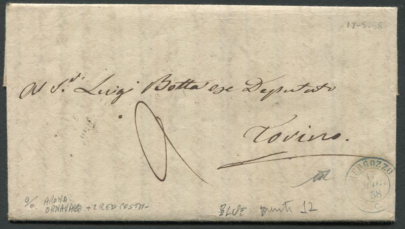 1858, Regno di Sardegna, Lettera da Mergozzo a Torino  - Asta Storia Postale e Filatelia - Cambi Casa d'Aste