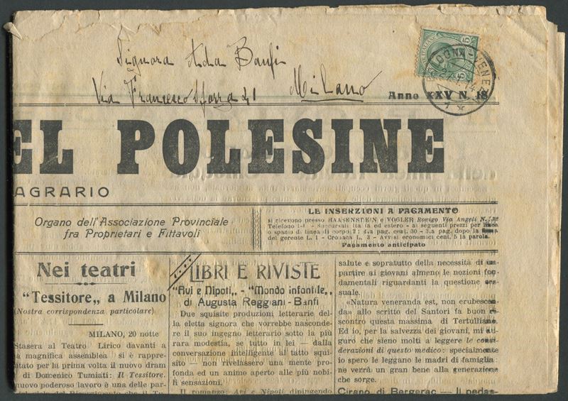 1914, Giornale “Corriere del Polesine” affrancato per 5 cent. con “Eff. Vitt. Em. III” (81)  - Auction Postal History and Philately - Cambi Casa d'Aste