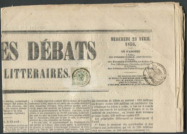 1856, Lombardo-veneto, Giornale “Journal des Debats” del 23 aprile 1856 affrancato con segnatasse per giornali del Lombardo Veneto 2kr. verde (1)