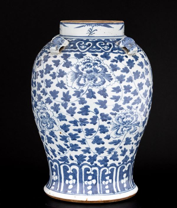 Giara in porcellana bianca e blu con motivi floreali e decoro a rilievo, Cina, XIX secolo