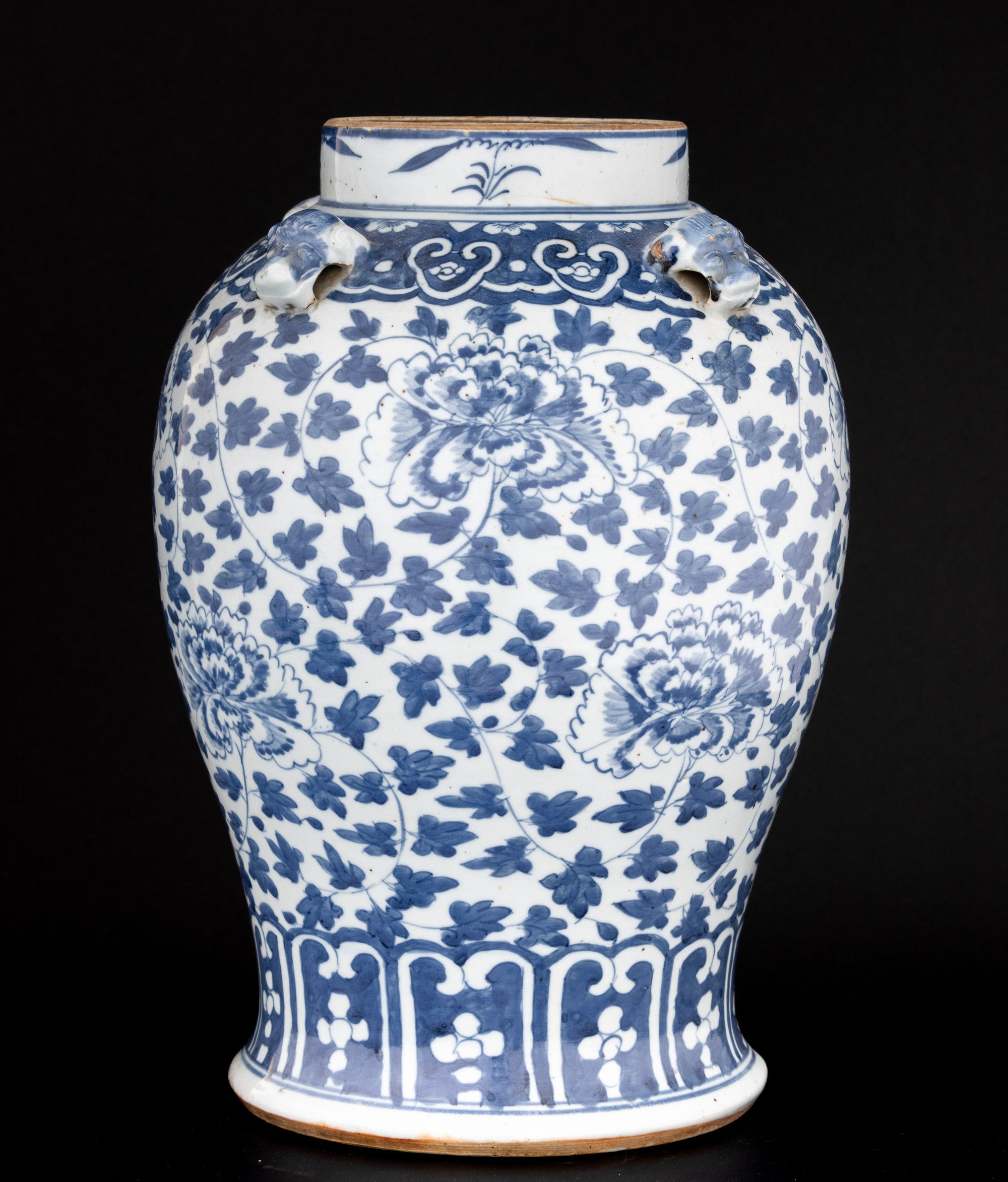Giara in Porcellana Bianca e Blu con Motivi Floreali e Decoro a Rilievo, Cina, XIX Secolo