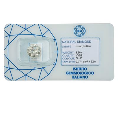 Diamante, taglio rotondo a brillante (3,60 ct), colore O–P, caratteristiche interne VVS2, fluores...
