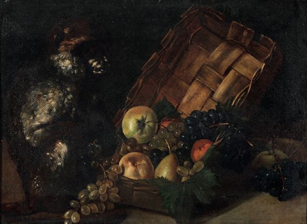 Scuola del XVII secolo Cesta di frutta con scimmia