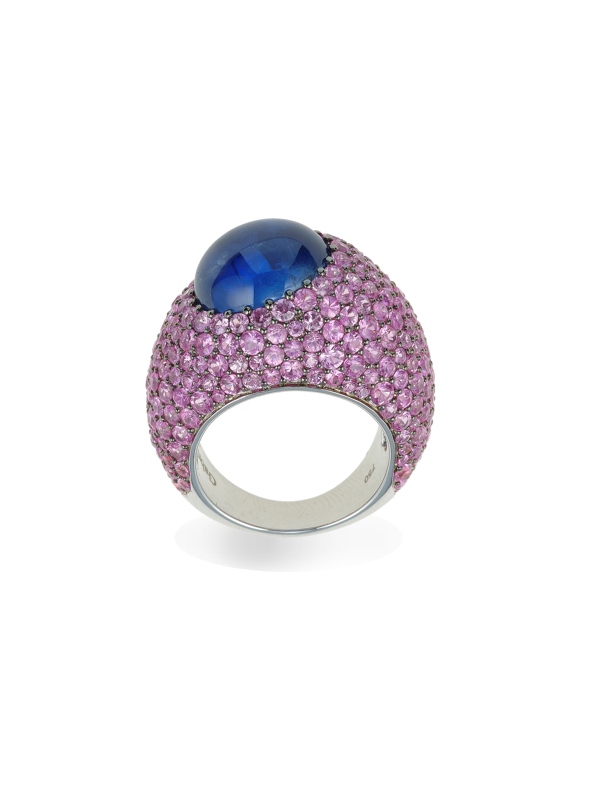 Gabri, Anello con zaffiro Sri Lanka cabochon e zaffiri rosa, in oro bianco 750/1000