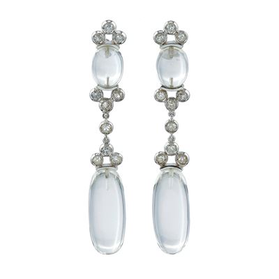 Orecchini pendenti, cristallo di rocca e diamanti in montatura oro bianco 750/1000