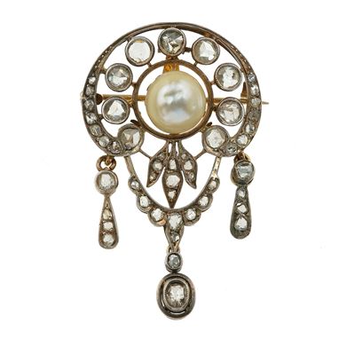 Spilla/pendente con perla e diamanti di vecchio taglio, in oro giallo 750/1000 e argento