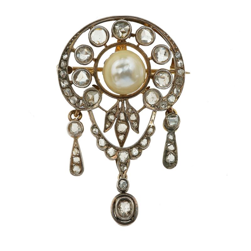 Pearl, old-cut diamond, gold and silver brooch/pendant  - Auction Fine Jewels - Cambi Casa d'Aste