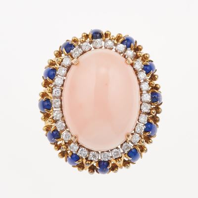 Anello in oro 750/1000 con corallo rosa, diamanti e lapislazzuli