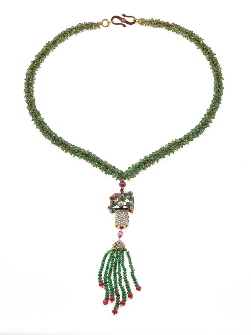 Emerald, diamond, ruby, enamel, gold and platinum necklace  - Auction Fine Jewellery - Cambi Casa d'Aste