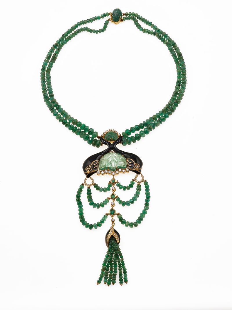 Emerald, diamond, enamel and gold necklace  - Auction Fine Jewellery - Cambi Casa d'Aste