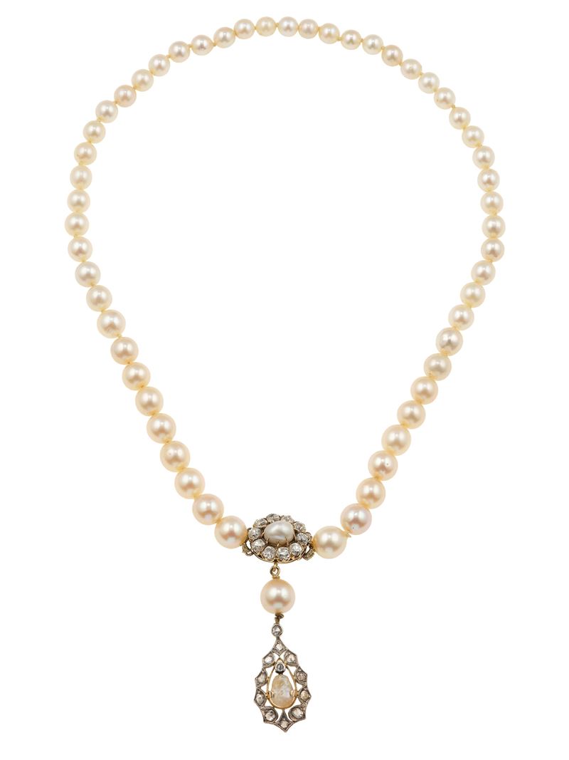 Collana con perle coltivate e diamanti di vecchio taglio  - Asta Fine Jewellery - Cambi Casa d'Aste