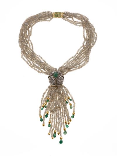 Sautoir multi-filo con labradoriti e smeraldi, montatura in oro giallo 750/1000 e argento